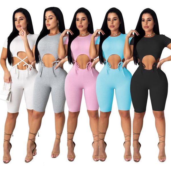 

women streetwear bodysuit women short sleeve casual playsuit high elastic tight sports overalls s105, Black;white