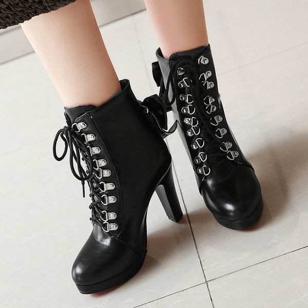 

boots deat 2021 spring autumn fashion casual high thick heel rivet bow leather single shoes women short sf448, Black