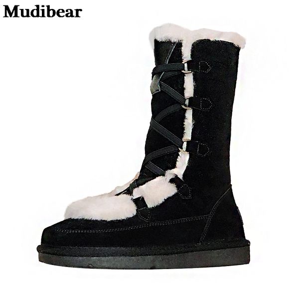

mudibear snow boots for women warm shoes fleece lining short boots lady footwears winter leather non-slip real leather 18cm 2020, Black