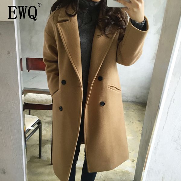 

women's wool & blends [ewq] 2021 autumn winter fashion trend pattern korean full sleeve solid thick large size loose woolen coat female, Black