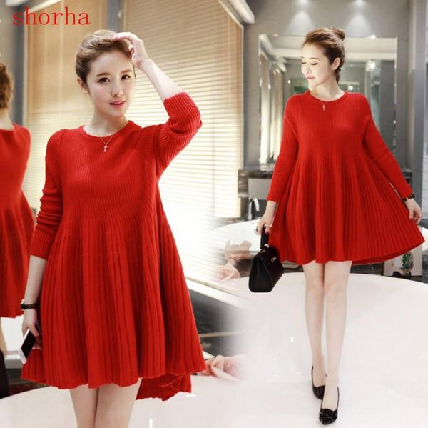

maternity clothes autumn winter solid color length sleeve pleated knitting dress clothes for pregnant women pregnancy dresses, White