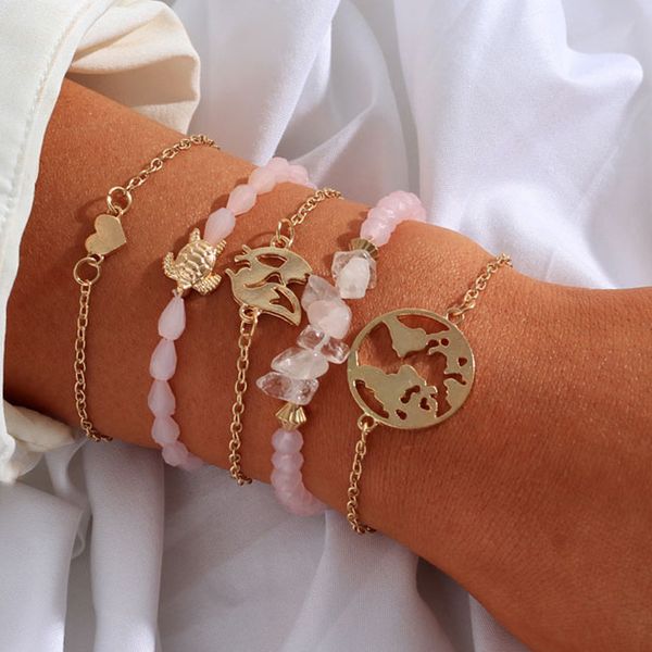 

5 pcs/lot european & american popular pink acrylic beads women wrap bracelet set gold color alloy turtle love link bracelet, Golden;silver