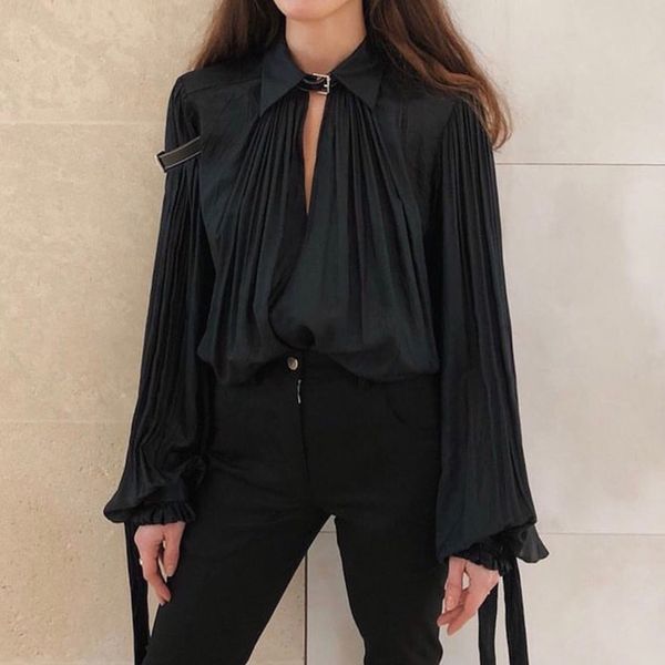 

women vintage autumn blouse chocker lantern sleeve rayon lace up crinkled shirt, White