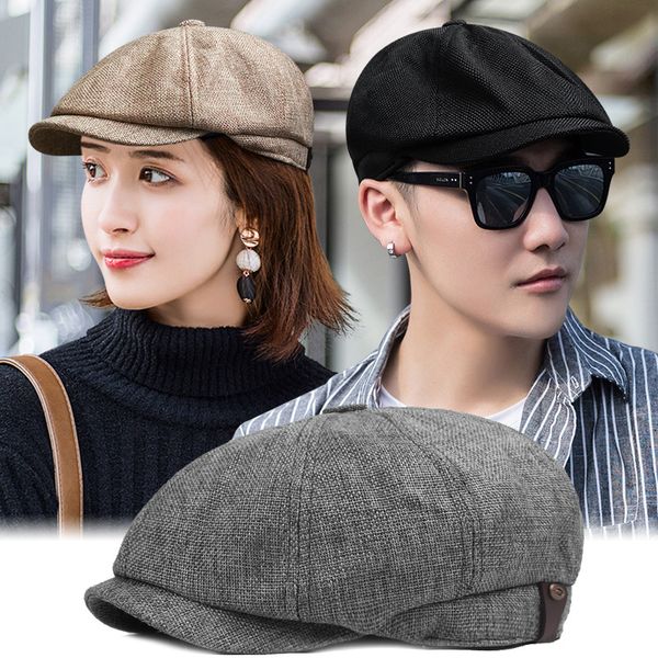 

summer thin linen octagonal hat men leisure beret cap women painter hat newsboy caps, Blue;gray