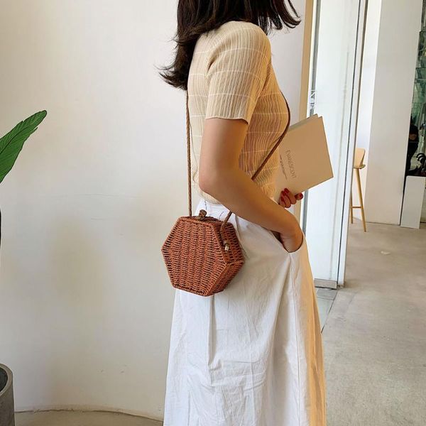 

women's fashion retro woven shoulder bag solid handbag woven weaving still retro hexagonal bag casual seaside beach may21