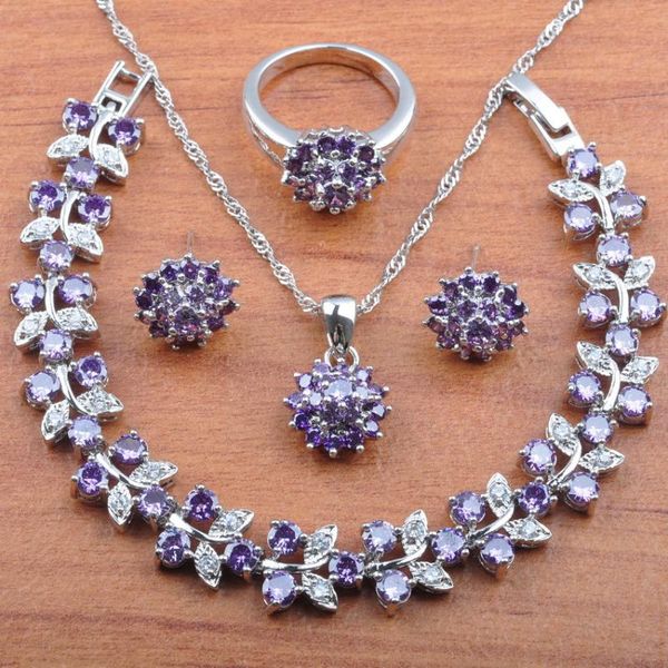 

russian style jewelry set purple crystal for women bridal gift earrings silver color necklace pendant rings bracelet js0227