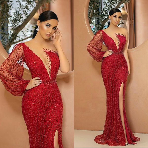 

2020 new evening dresses one shoulder long sleeve lace sequin mermaid prom gowns custom made sweep train special occasion dress, Black;red