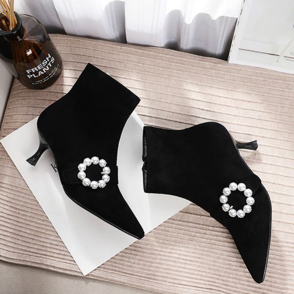 

2020 women's autumn boots solid black zip up string beading buckle elegant point toe thin high heels female ankle boots