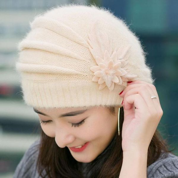 

flower beret hat fur crochet warm women ski cap winter new wool beanie, Blue;gray