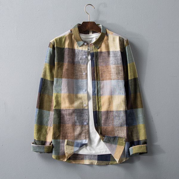 

men's shirt long-sleeved linen plaid shirt 2020 new men's thin section fashion loose lapel cotton and linen, White;black