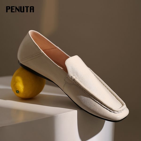 

2020 penuta handmade shoes italy ladies leather loafers genuine leather women soft shoes square toe slip on fashion flats f0042, Black