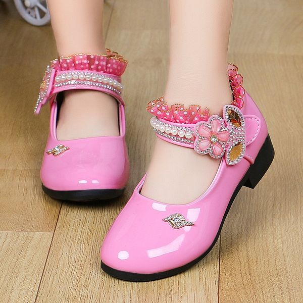 

big girls princess shoes flower mary janes child string bead party shoes for kids rhinestone patent leather bling dance, Black;grey