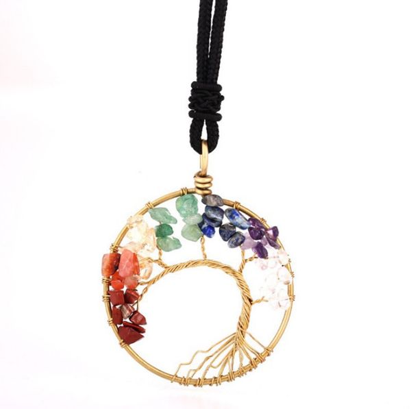 

10 pcs gold plated wire wrap tree of life rainbow stone pendant rope chain necklace green aventurine jewelry, Silver
