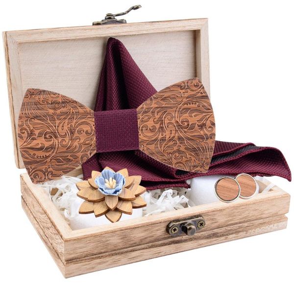 

2020 adjustable wooden bow tie pocket square brooch cufflinks set for men women fashion wood bowtie accessories neck ties box, Blue;purple