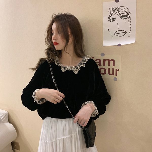 

осенняя одежда 2020 нового дизайна чувство женской ниша с длинными рукавами кружева shirtclothing рубашки черного кружево границы hong kong, Black