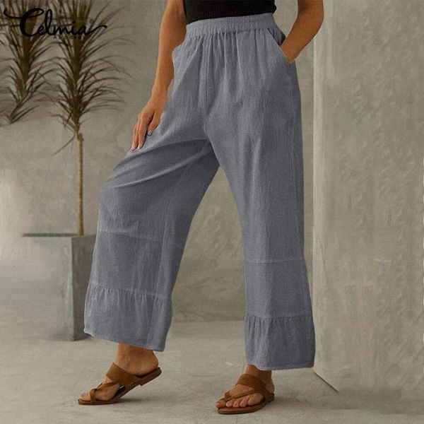 

celmia linen cotton wide leg pants women fashion plus size elastic waist trousers casual loose solid vinatge pantalon femininas, Black;white