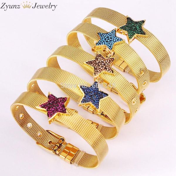 

5pcs zyz337-6027 stainless steel watch belt bracelets bangles crystal cz star mesh band bracelet for women romantic jewelry, Black