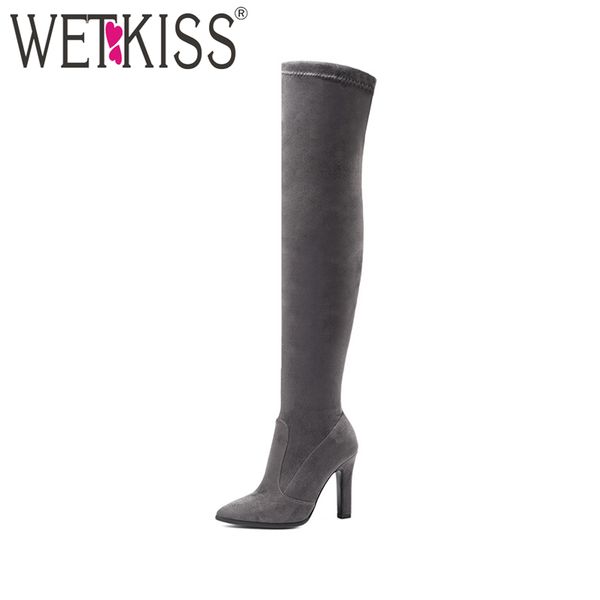 

wetkiss big size 34-43 lady stretch thigh high boot high heels winter over knee boot pointy faux suede women shoes female, Black