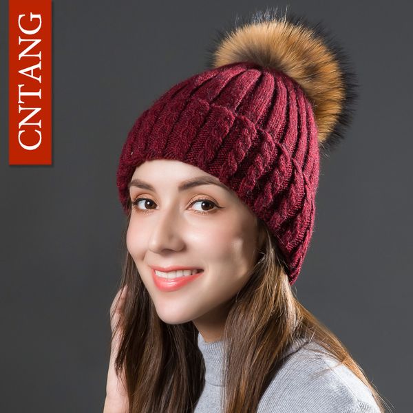

classic multiple styles beanies for women fashion twist knitted wool hat autumn winter warm hats women raccoon fur pompom cap, Blue;gray