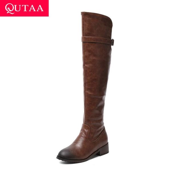 

boots qutaa 2021 autumn winter zipper fashion women shoes round toe buckle leisure all match over the knee big size 34-43, Black