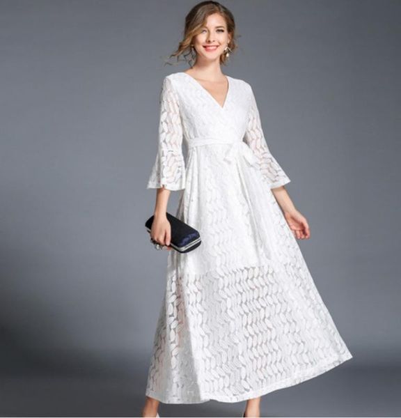 

casual dresses vintage spring autumn dress europe sashes female stitching lace hollow out vestidos elegant long elbise aw18, Black;gray