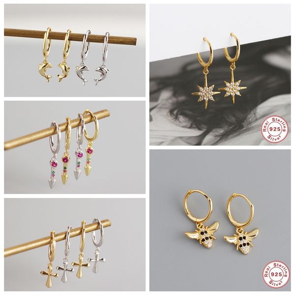 

canner 925 sterling silver cute bee dolphin pendant hoop earrings for valentine's day anniversary circle pendientes fine jewelry, Golden;silver
