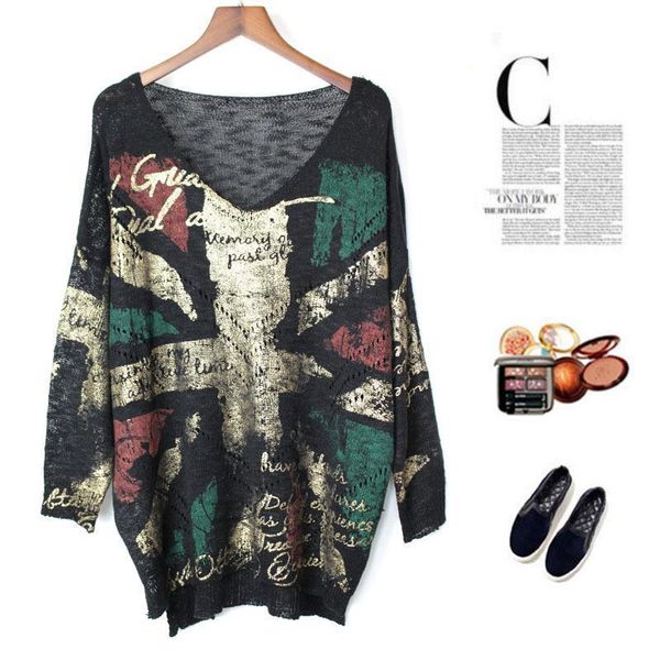 

harajuku plus size knit sweater women casual v neck long sleeve graffiti gold print large size korean jumper autumn sa169s50, White;black