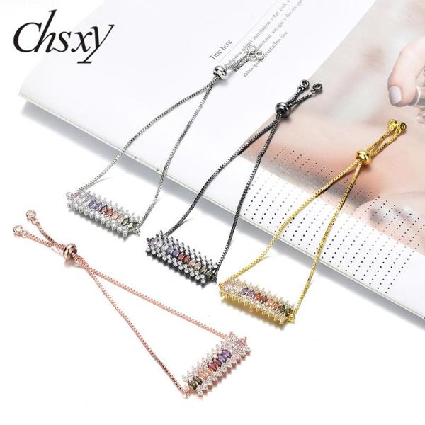 

chsxy rainbow cz crystal bracelet long strip shaped copper chain bracelet adjustable sliding knob wedding jewelry pulseras mujer, Golden;silver