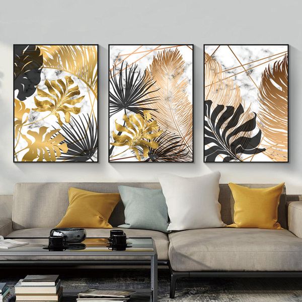 

paintings nordic gold leaf abstract canvas painting marble plant wall art posters and prints pictures for living room kitchen decor