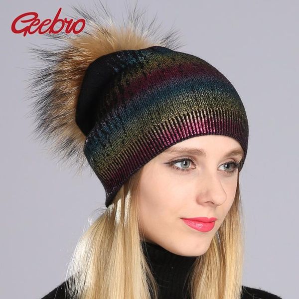 

шапочки hat повседневный теплые трикотажные шерстяные шапочки geebro зимы женщин с натурального меха pom pom дамы енот меховыми помпонами ha, Blue;gray