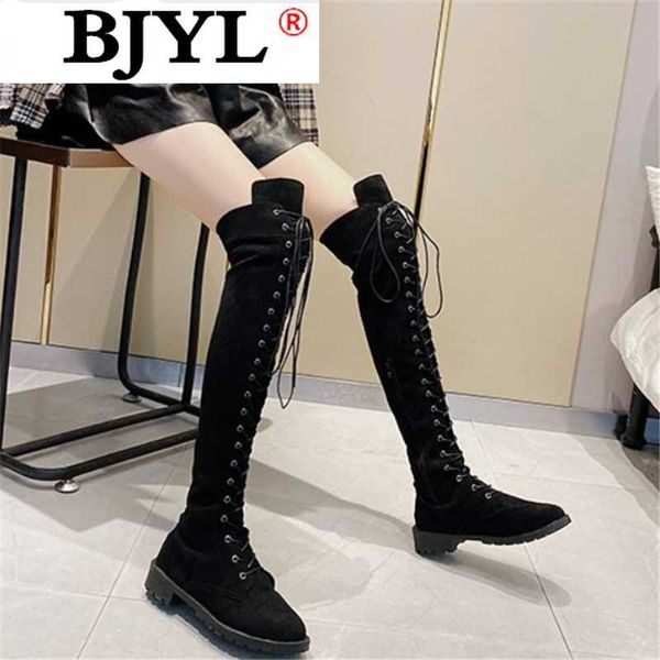 

2020 winter women's boots fashion lace up over the knee boots women warm low heels woman suede long botas mujer, Black