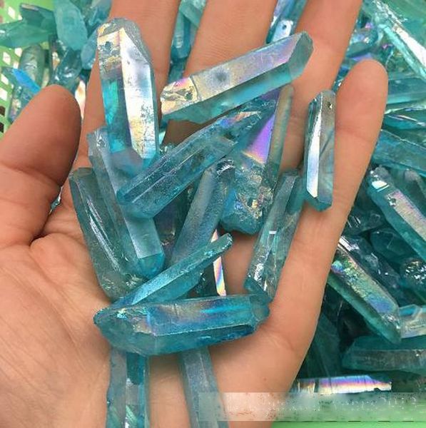 

2019 blue aura titanium clear quartz pendant natural raw crystal wand point rough reiki healing prism cluster necklace charms craft