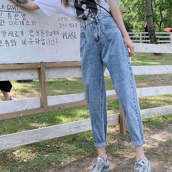 

women's jeans straight ultra-thin all-match denim carrot harem pants trend high waist loose thin female light color, Blue