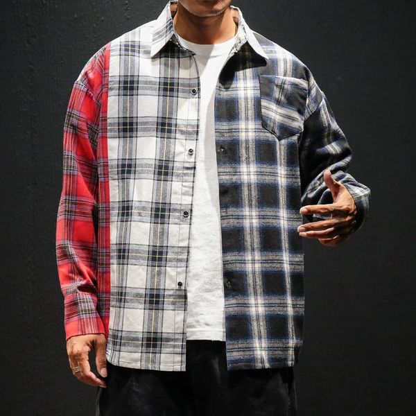 

hip hop streetwear punk rock casual plaid shirt men long sleeve loose spring autumn kg-1237, White;black