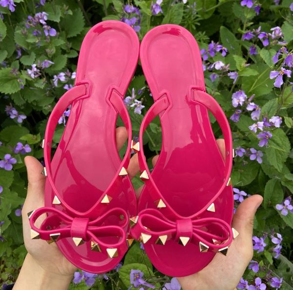 

new 2020 woman summer sandals rivets big bowknot flip flops beach sandalias femininas flat jelly designer sandals, Black