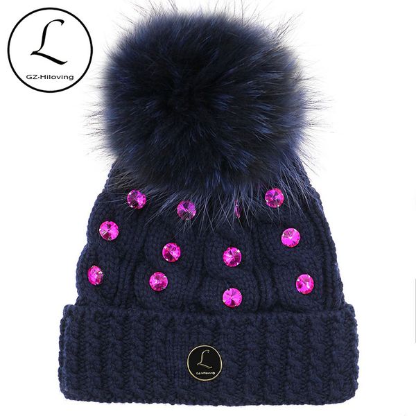 

gzhilovingl female women winter thick wool fur knitted hat skullies beanies with real fur pom pom brand metal logo hats, Blue;gray