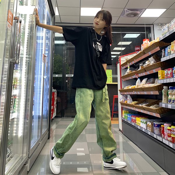 

high waist green washed jeans men and women straight loose jeans ins tide brand hip-hop casual wide-leg green ek pants men, Blue