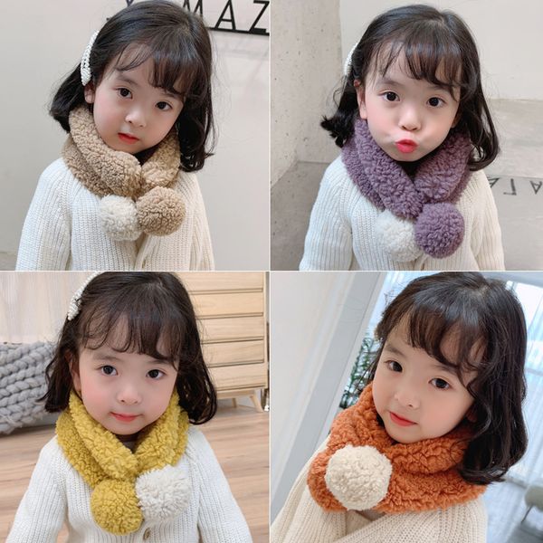 

new solid color lamb pompom bib men and women baby autumn and winter warm cross children scarf, Blue;gray