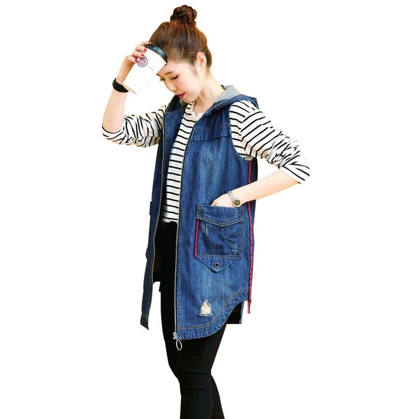 

2020 asymmetry hooded female denim vest zipper hole plus size sleeveless cardigan women casual jacket fashion casacos feminino, Black