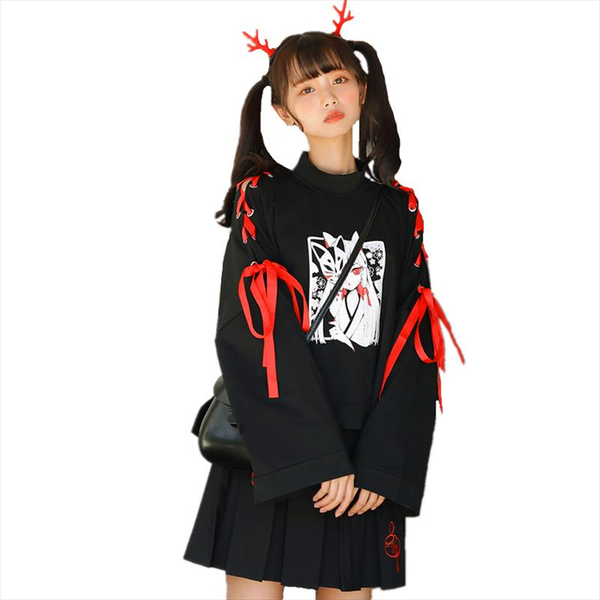 

japanese cartoon fox girl print hoodie harajuku women gothic ribbon lace up flare sleeve kawaii plus velvet pullover sweatshirt, Black