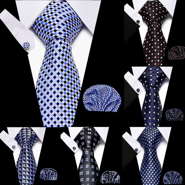 

bow ties wedding men`s tie 100% silk red plaid jacquard woven + hanky cufflinks sets for formal dress accessories mne classic, Black;gray