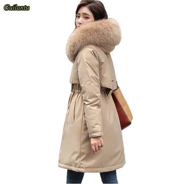 

guilantu winter jacket women fur collar hooded long parka mujer thick wool liner cotton padded coat female plus size outwear, Black