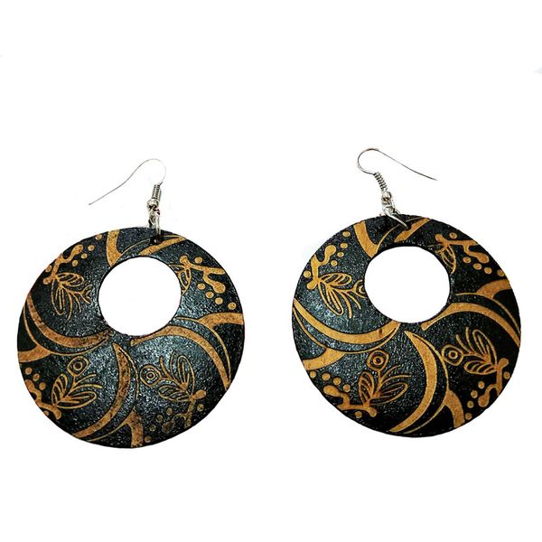 

natural wood engraved flower black africa queen rock hiphop earrings handmade diy boho wooden women jewelry, Silver