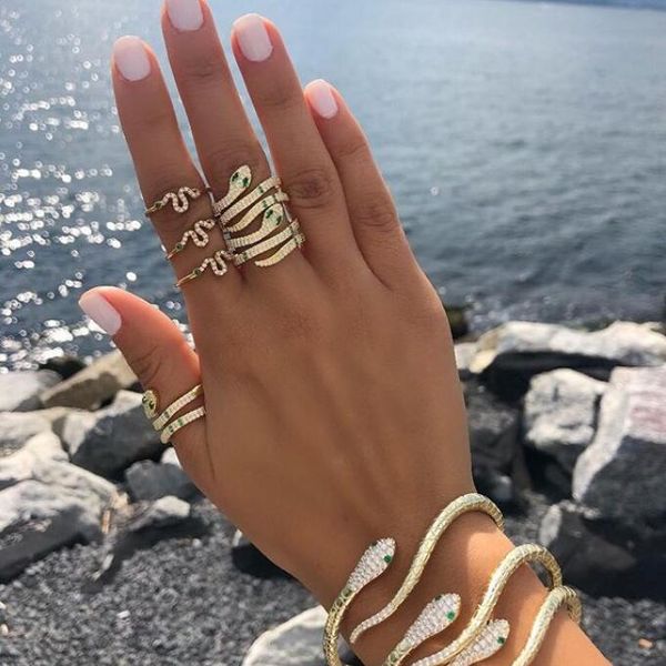 

cluster rings 2021 micro pave cz multi wrap snake ring women full finger jewelry gold color white green cubic zirconia engagement band, Golden;silver