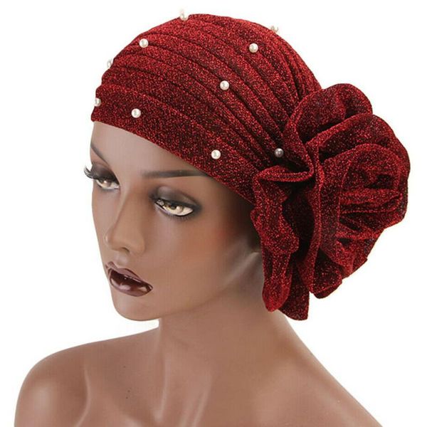 

big flower shiny faux pearl decor stretch gift women hat soft head wrap muslim turban cap solid breathable hijab, Blue;gray