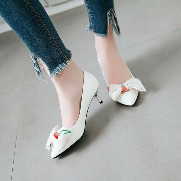 

women bowknot kitten heels pointed toe pumps fashion sandals ladies casual shoes plus size, Black