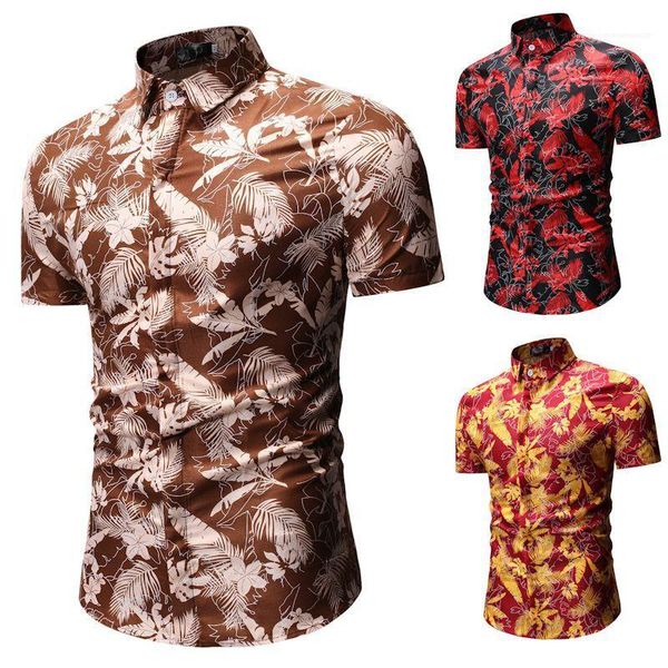 

button shirts summer casual fashion mens shirts leaves print mens designer shirts beach holiday style short sleeved lapel neck, White;black