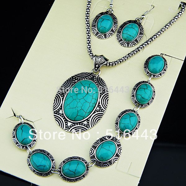 

new arrival 3pcs vintage antique tibetan silver natural stone oval earrings bracelet necklace women jewelry set a671