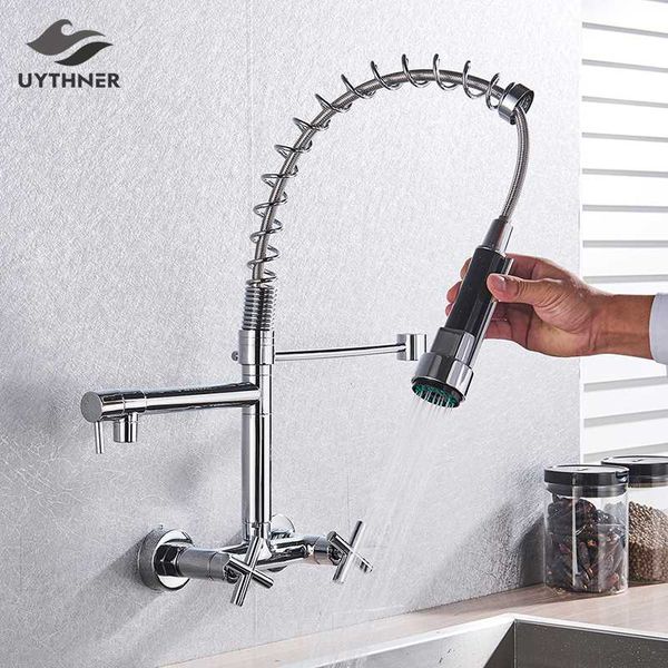 

chrome brass kitchen faucet vessel sink mixer tap spring dual swivel spouts sink mixer & cold water faucets wall mounted tap
