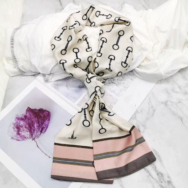 

new long small silk scarf fashion decoration thin scarf rectangular long imitated silk scarf printing process, Blue;gray